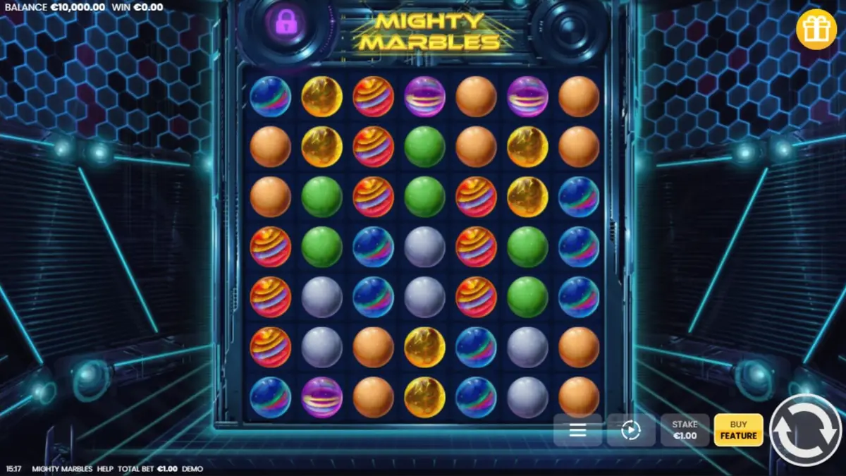 Tampilan antarmuka slot Mighty Marbles dengan tema neon kosmik di layar smartphone