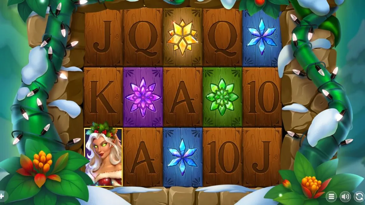 Tampilan visual slot Holly dengan tema hutan musim dingin yang hangat dan dekorasi kayu.