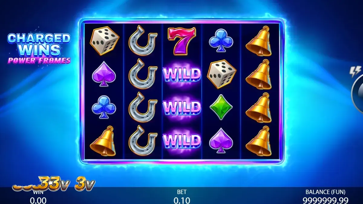 Tampilan visual neon dan simbol klasik dalam game slot Charged Wins: Power Frames