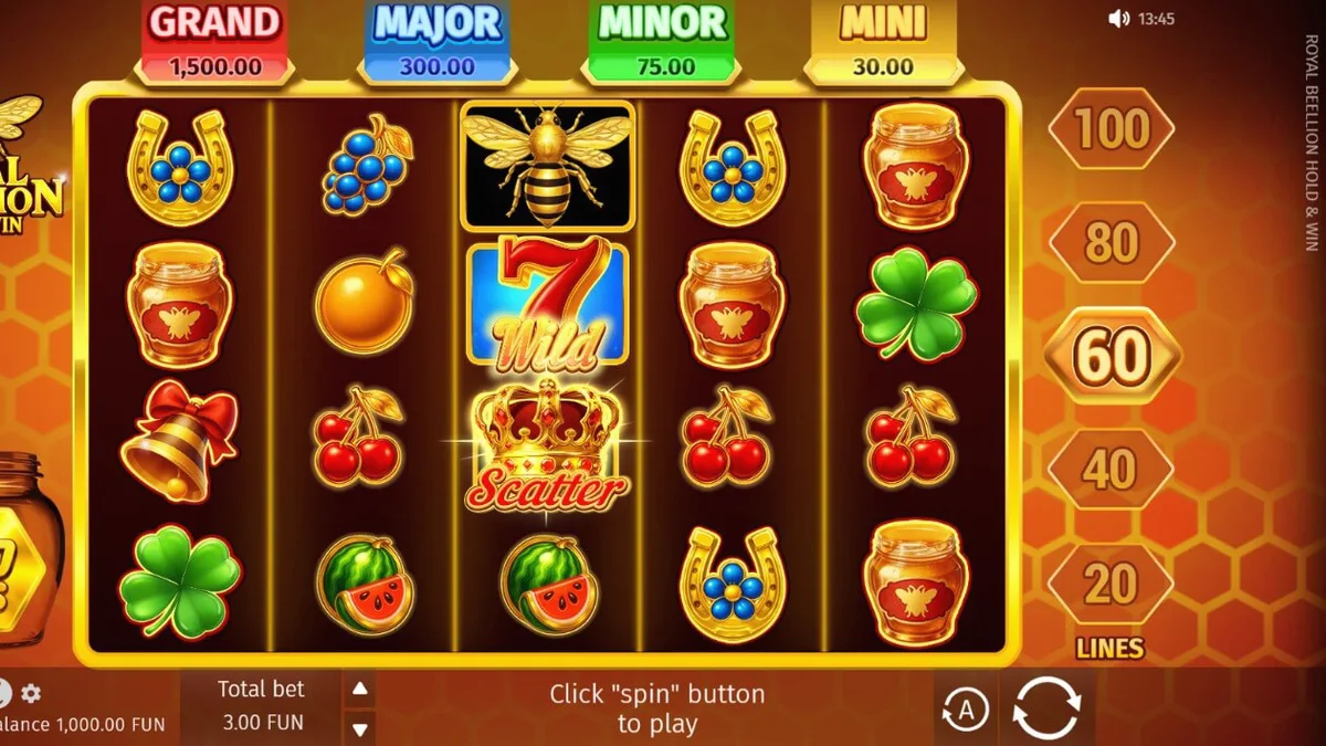 Tampilan visual slot Royal Beellion Hold & Win dengan tema lebah dan madu